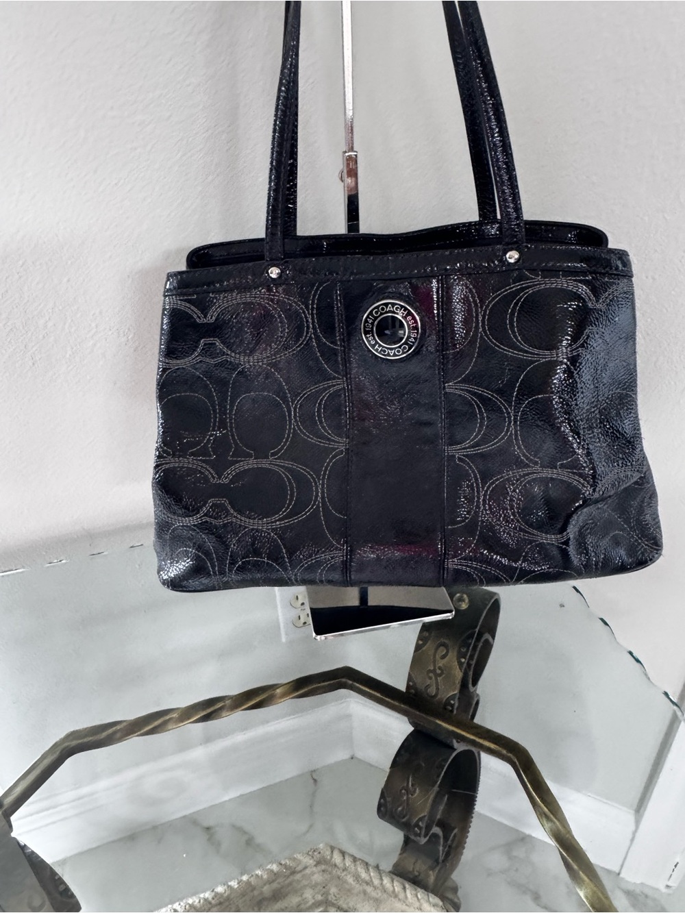 Coach Black Patent Signature Shoulder Tote